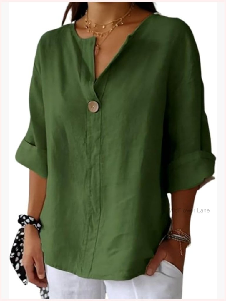 Summer Linen Button Down V Neck 3/4 Sleeve Blouse Tunic Top